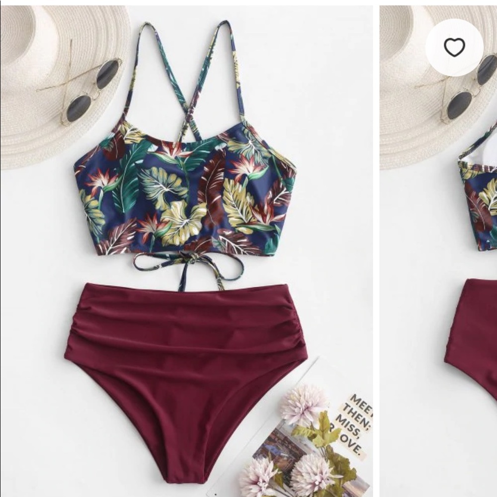 Leaf Print Crisscross Ruched Tankini Swimsuit